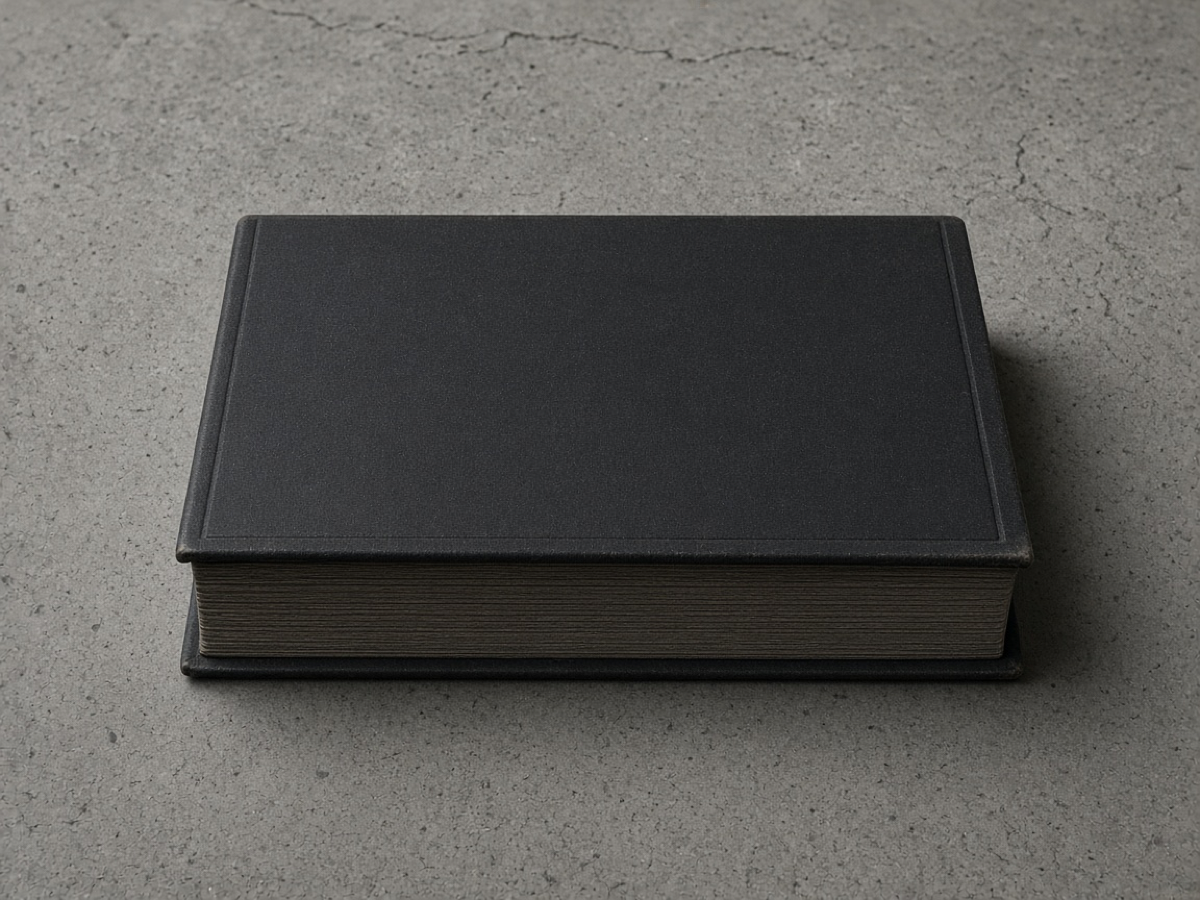 Kapalı, kalın, koyu bir defter, boş beton masanın ortasında duruyor.