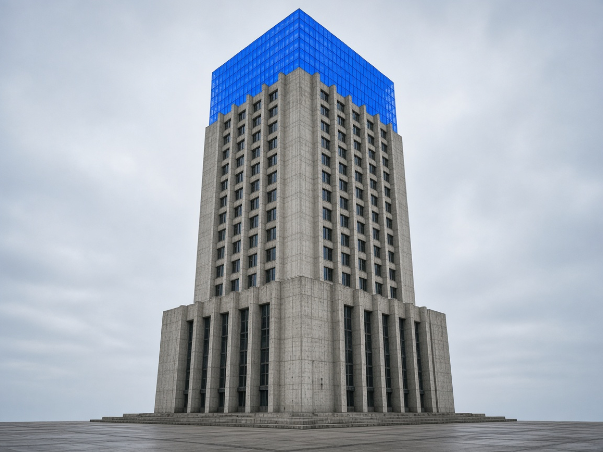 Plaza zemininden yükselen beton ofis kulesinin tacı mavi cam.